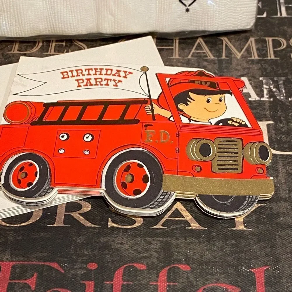 Vintage Firetruck Birthday Invitations and Napkins